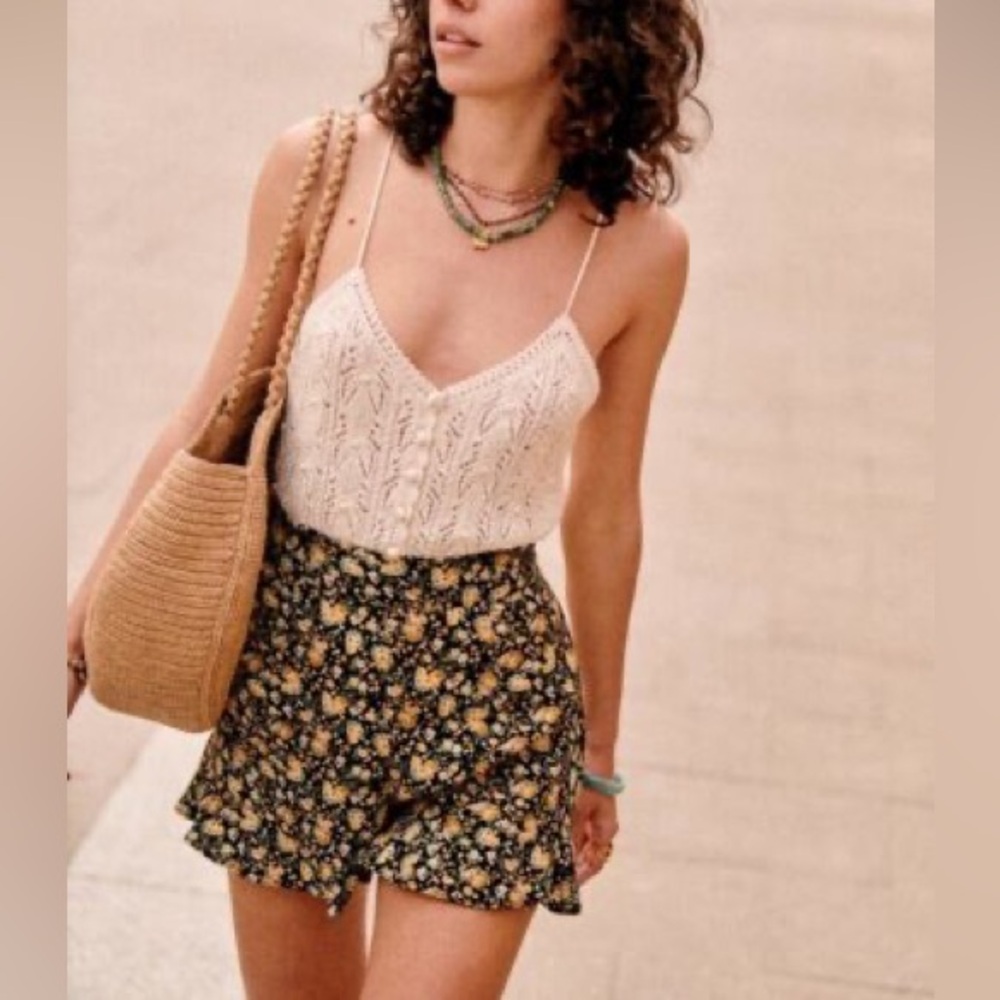 Sezane Floral Ruffled Mini Shorts — Black & Yellow